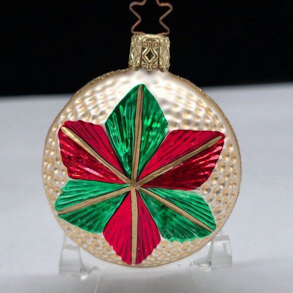 Inge Glas Round Indent Poinsettia German Glass Christmas Ornament 2.5" - Picture 4 of 6